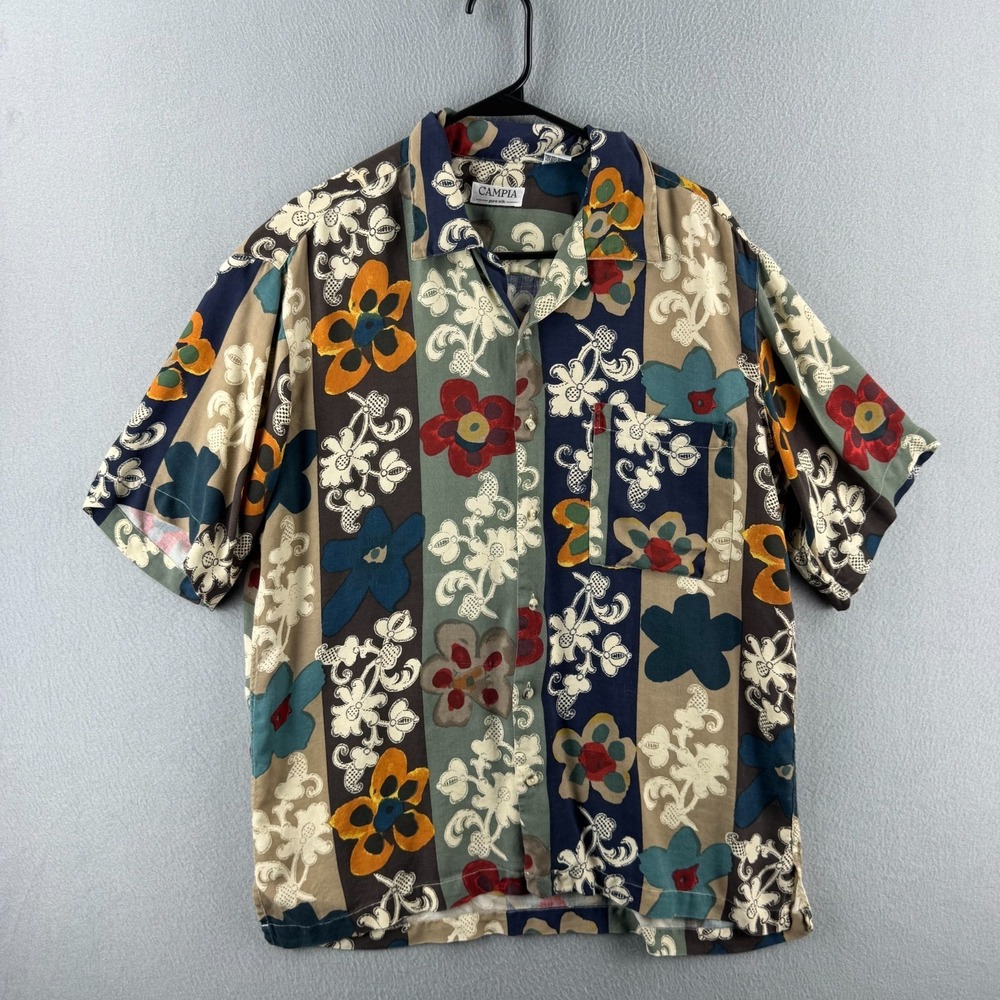 Vintage Campia Shirt Mens Medium Silk Camp Loop Collar Flowy Floral